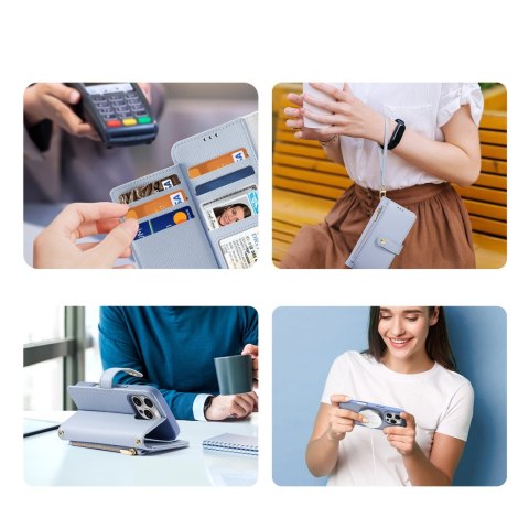 Etui skórzane Dux Ducis Lawa na iPhone 16 Pro Max z odłączanym portfelem magnetycznym - błękitne