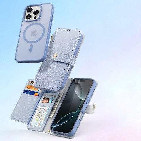 Etui skórzane Dux Ducis Lawa na iPhone 16 Pro z odłączanym portfelem magnetycznym - błękitne