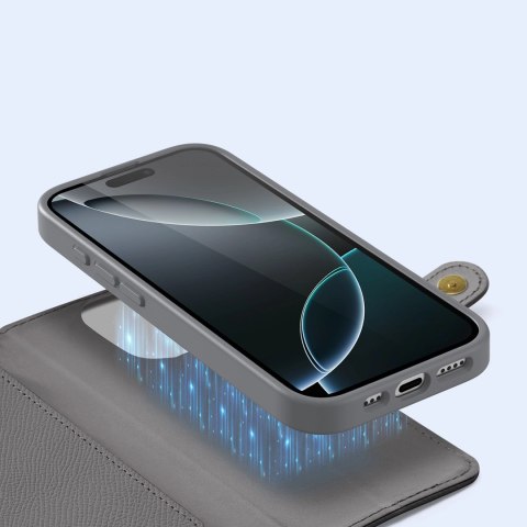 Etui skórzane Dux Ducis Lawa na iPhone 16 Pro z odłączanym portfelem magnetycznym - szare