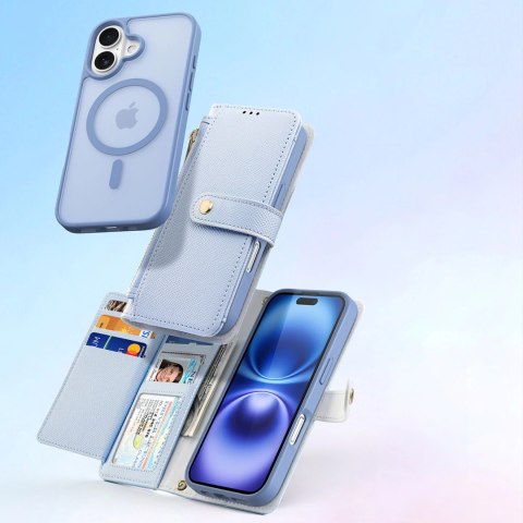 Etui skórzane Dux Ducis Lawa na iPhone 16 z odłączanym portfelem magnetycznym - błękitne
