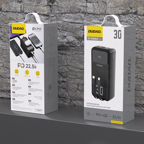 Powerbank Dudao K15MAX 30000mAh PD 22.5W z wbudowanymi kablami - czarny
