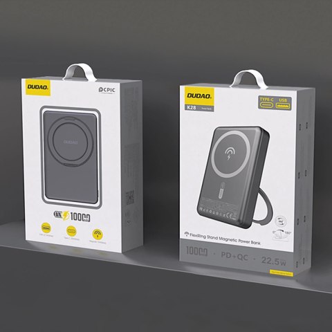 Powerbank Dudao K28 10000mAh PD 22.5W z MagSafe z metalową obudową i pierścieniem-podstawką - szary