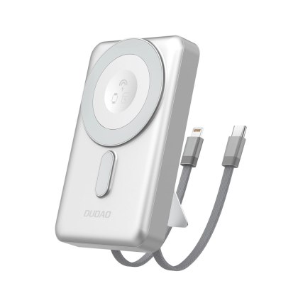 Powerbank Dudao K29 10000mAh PD 20W z MagSafe z metalową obudową, podstawką i wbudowanymi kablami USB-C/Lightning - srebrny