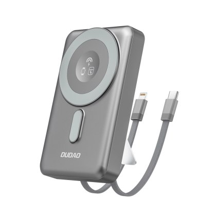 Powerbank Dudao K29 10000mAh PD 20W z MagSafe z metalową obudową, podstawką i wbudowanymi kablami USB-C/Lightning - szary