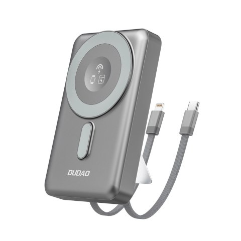 Powerbank Dudao K29 10000mAh PD 20W z MagSafe z metalową obudową, podstawką i wbudowanymi kablami USB-C/Lightning - szary