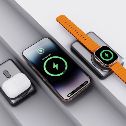 Powerbank Dudao K29 10000mAh PD 20W z MagSafe z metalową obudową, podstawką i wbudowanymi kablami USB-C/Lightning - szary