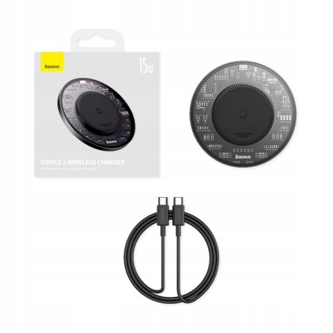 Ładowarka indukcyjna Baseus Simple 2 15W + kabel USB-C - czarna