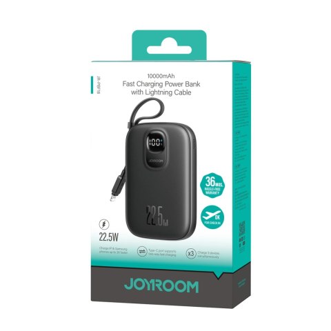 Powerbank Joyroom JR-PBF18 22.5W 10000mAh z wbudowanym kablem Lightning + kabel USB-C 0.25 cm - czarny