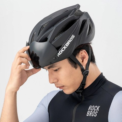 Kask rowerowy Rockbros z szybką, odpinane okulary z ochroną UV, unisex - czarny