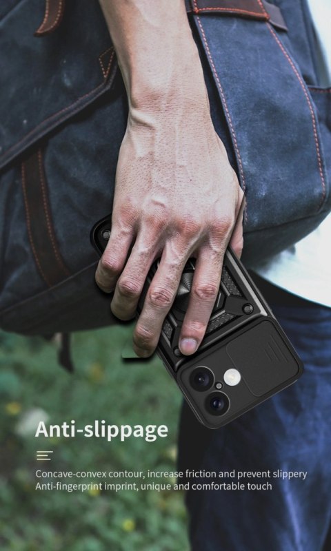 Etui Hybrid Armor Camshield na iPhone 17 pancerne z podstawką i osłoną aparatu - czarne