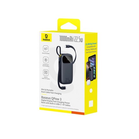 Powerbank Baseus EnerFill FC31 10000mAh 22.5W z wyświetlaczem cyfrowym i 2 wbudowanymi kablami (USB-C + Lightning) - czarny