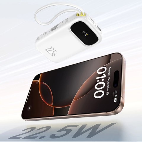 Powerbank Baseus EnerFill FC31 20000mAh 22.5W z wyświetlaczem cyfrowym i 2 wbudowanymi kablami (USB-C + Lightning) - biały