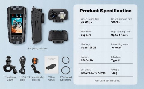 Kamera rowerowa motor 4K z EIS, Anti-Shake, ekran 2.0, pilot i karta 64GB