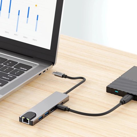 Adapter Tech-Protect HB02 HUB Adapter 6w1 USB-C + USB2.0 + USB3.0 + HDMI 4K 30Hz + RJ45 + PD100W - szary