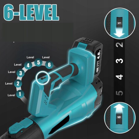 BEZPRZEWODOWA DMUCHAWA DO LIŚCI 21V - 6 PRĘDKOŚCI, 2 AKUMULATORY 3AH