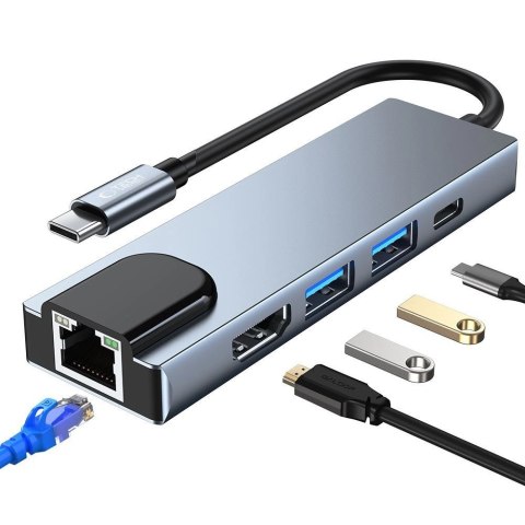 HUB Tech-Protect V3 5w1 USB-C - USB-A 3.0 / USB-A 2.0 / USB-C / HDMI / RJ45 - szary
