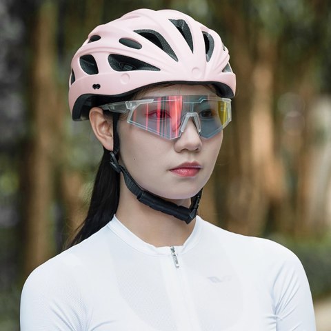 Kask rowerowy Rockbros z szybką, odpinane okulary z ochroną UV, odłączany daszek, unisex - różowy