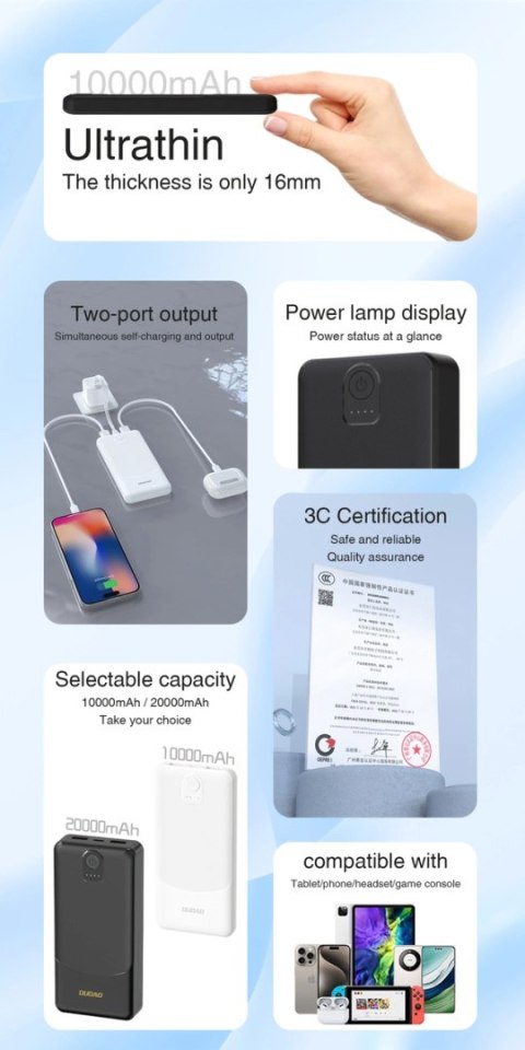 Powerbank Dudao K10 10000mAh 2.4A 2 x USB-A - biały