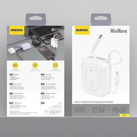 Powerbank Dudao K32 10000 mAh z wbudowanym kablem USB-C/Lightning - biały