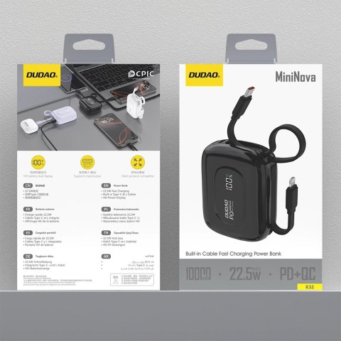 Powerbank Dudao K32 10000 mAh z wbudowanym kablem USB-C/Lightning - czarny