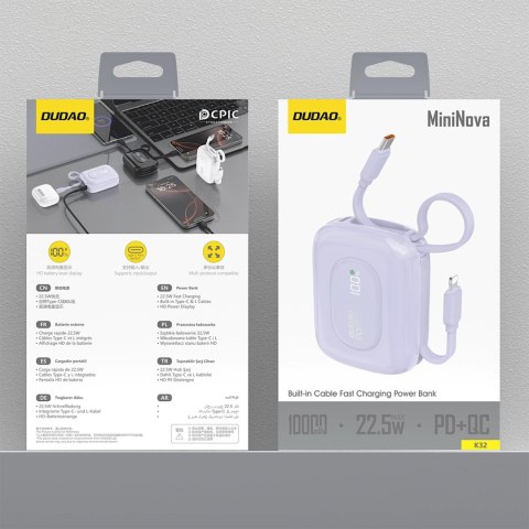 Powerbank Dudao K32 10000 mAh z wbudowanym kablem USB-C/Lightning - fioletowy