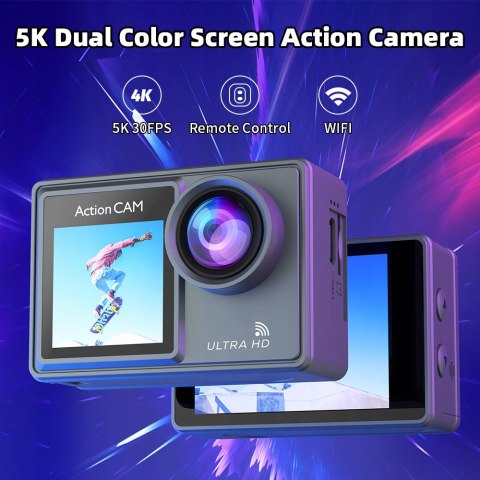 Kamera Sportowa 5K/4K UHD Pilot, Dwustronny Ekran i Obudowa Wodoodporna 30M