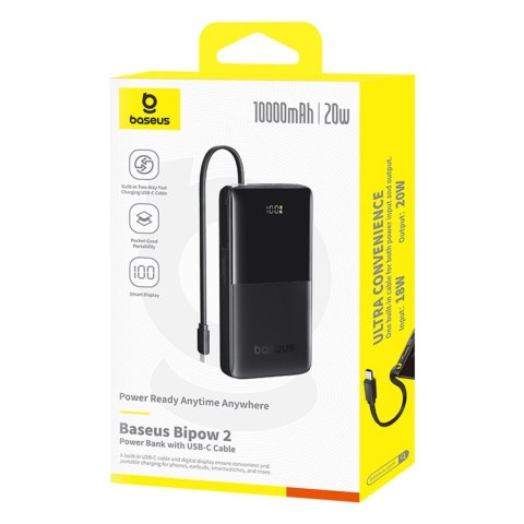 Powerbank Baseus Bipow 2 10000mah 20W z cyfrowym wyświetlaczem z wbudowanym kablem USB-C - czarny