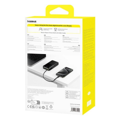 Powerbank Baseus Bipow 2 20000mah 20W z cyfrowym wyświetlaczem z wbudowanym kablem USB-C - czarny