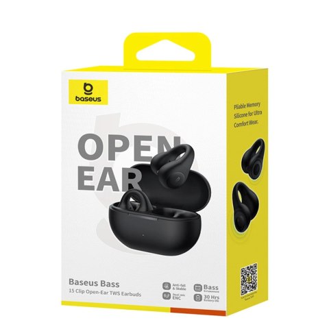 Słuchawki Baseus Bass 15 Clip OWS bezprzewodowe z kablem Baseus Simple USB-C 3A 30cm - czarne