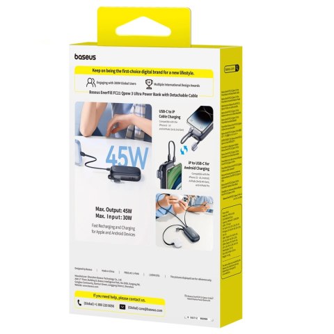Powerbank Baseus EnerFill FC21 Qpow 3 Ultra 10000mAh 45W z dołączonym kablem-smyczą - czarny