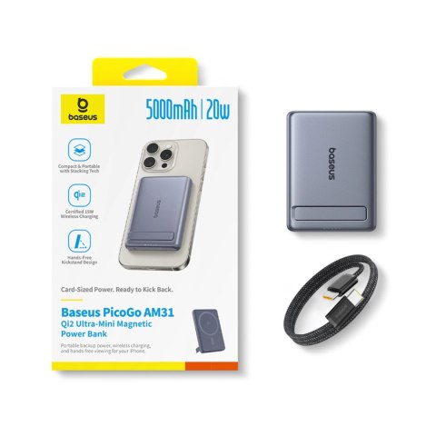 Powerbank Baseus PicoGo AM31 Qi2 5000mAh 20W ultracienki kompatybilny z MagSafe z podstawką z kablem plecionym Baseus Simple USB