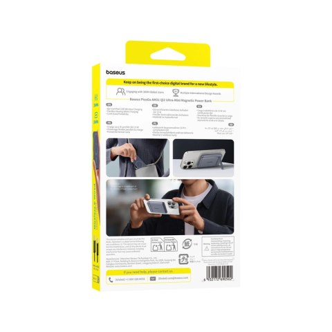 Powerbank Baseus PicoGo AM31 Qi2 5000mAh 20W ultracienki kompatybilny z MagSafe z podstawką z kablem plecionym Baseus Simple USB