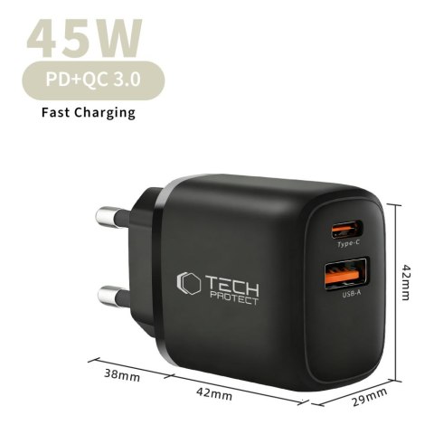TECH-PROTECT NCA45W-GAN 2-PORT NETWORK CHARGER PD 45W / QC3.0 BLACK