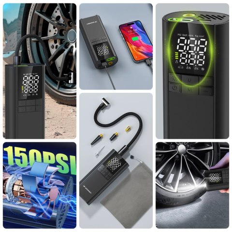 Kompresor Wozinsky WPEP-8000 pompka elektryczna powerbank 8000mAh latarka - czarny