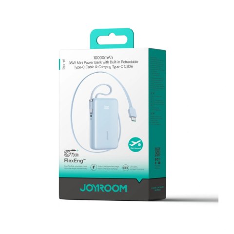 Powerbank Joyroom JR-PR2L 10000mAh 35W z wbudowanym zwijanym kablem USB-C i kablem-smyczą USB-C - niebieski