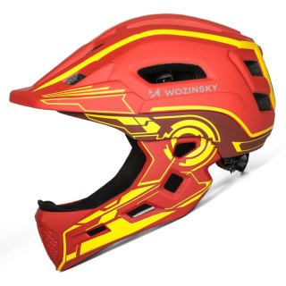 Kask rowerowy fullface dziecięcy Wozinsky z tylną lampką USB S - czerwono-żółty
