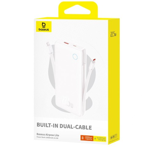 Powerbank Baseus Airpow Lite 10000mAh 22,5W z wbudowanymi kablami USB-C i Lightning - biały
