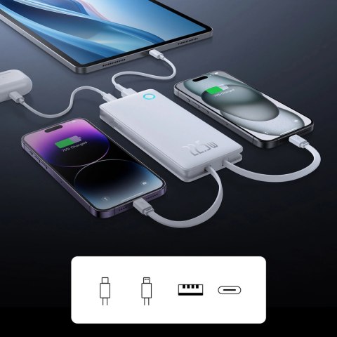 Powerbank Baseus Airpow Lite 10000mAh 22,5W z wbudowanymi kablami USB-C i Lightning - biały