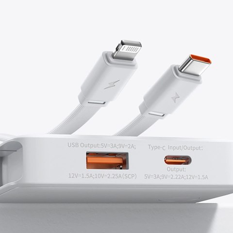 Powerbank Baseus Airpow Lite 10000mAh 22,5W z wbudowanymi kablami USB-C i Lightning - biały