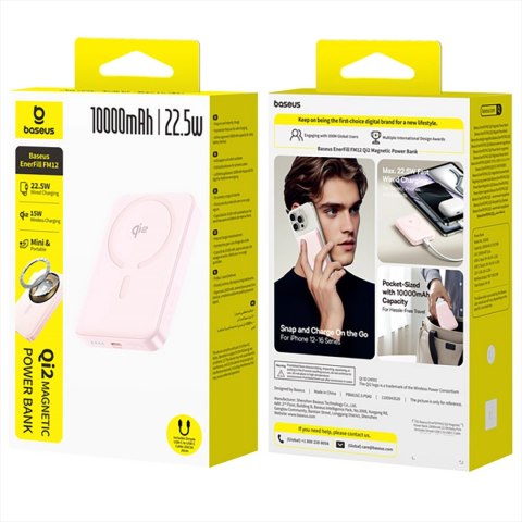 Powerbank Baseus EnerFill FM12 Qi2 10000mAh 22.5W kompatybilny z MagSafe z białym kablem Baseus Simple USB-C 20V/3A 0,30m - różo