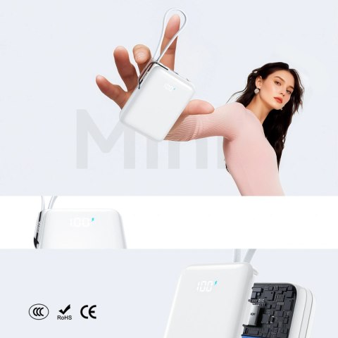 Powerbank Joyroom JR-PBF27 Pro 10000mAh 30W z wbudowanym kablem USB-C i dodatkowym dwukierunkowym kablem USB-C - Lightning - bia