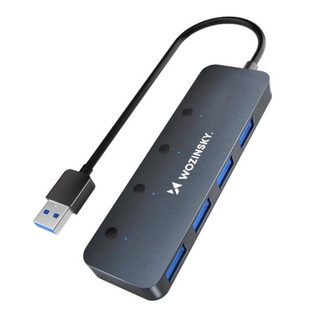 Hub USB-A Wozinsky WHS080YSS 4 x USB-A 3.0 z indywidualnymi włącznikami, aluminiowy, z kablem 15 cm - szary
