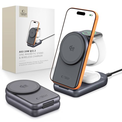 TECH-PROTECT A53 3IN1 MAGNETIC MAGSAFE WIRELESS CHARGER 25W QI2.2 DARK GREY