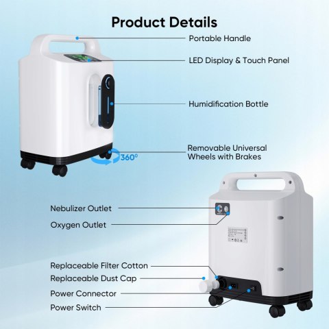Koncentrator domowy domowy 1-8 l/min, do 93% nebulizacja, timer, na kółkach