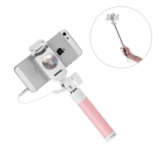 Selfie stick z kablem i przyciskiem różowy